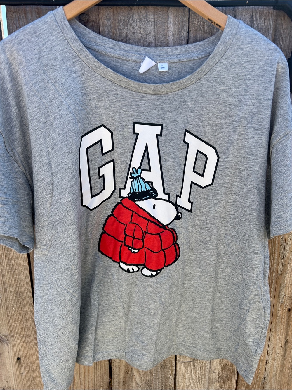 GAP Kids Grey Tee with Red Snoopy Puffer and Blue Beanie